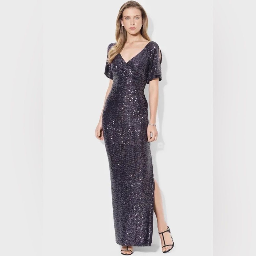 Lauren Ralph Lauren Elegant Evening Maxi Deep Plum Sequin Gown SZ 10